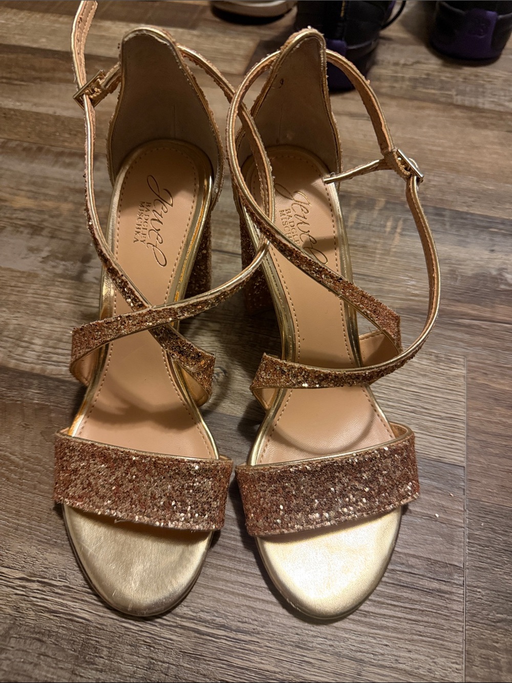 Jewel Badgley Mischka Rose Gold Glitter Crisscross Block Heels